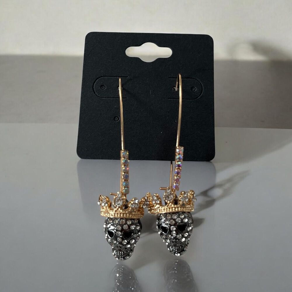 Skull Head Drop Earrings - Fashion Jewelry with Iron Ear Needle and Rhinestones - Picture 2 of 4